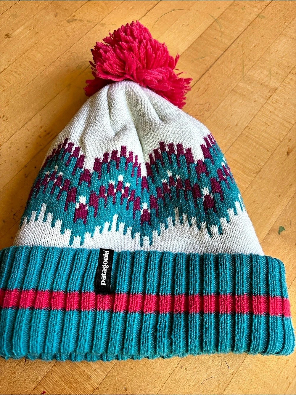 Patagonia Geometric Pom Beanie in Blue & Pink